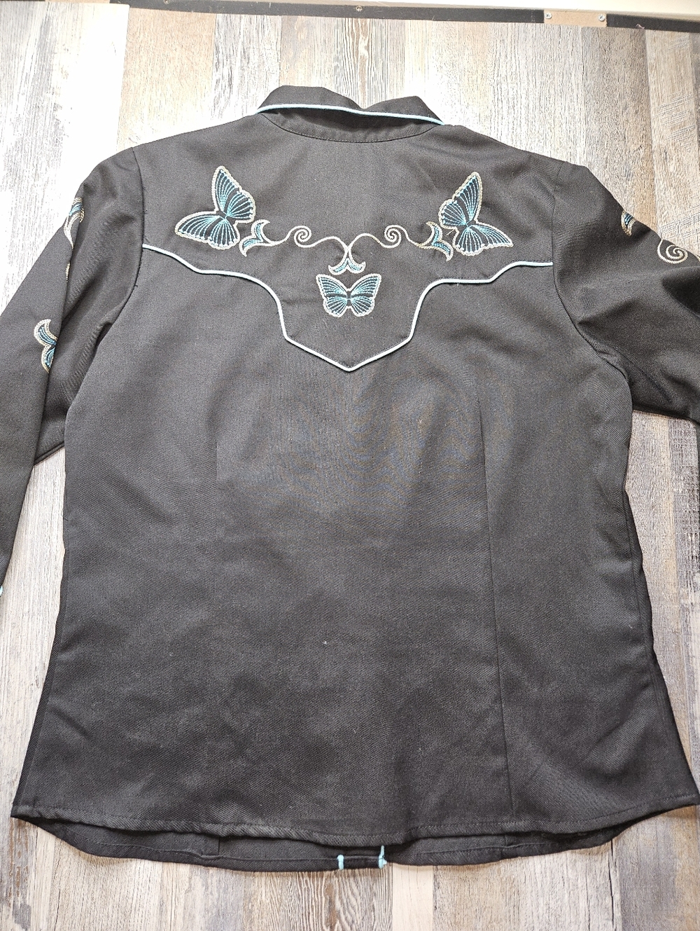 Scully Western Wear Butterfly Embroidery Snap Front Women's Large Black Teal - Picture 6 of 8